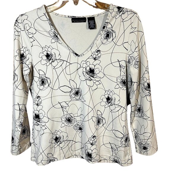 Apostrophe Stretch Women's Tee Top Cream/Black Artsy Modern Boho Floral Top Sz M - Picture 1 of 5